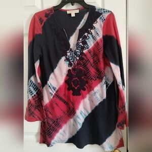 Michael Kors Red/Blue/White Tie-Dye Embroidered Long Sleeve Top